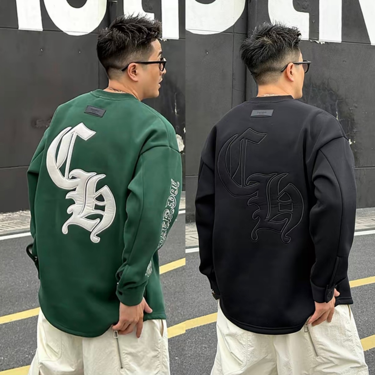 秋冬美式潮牌字母刺绣圆领卫衣男