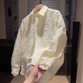 春夏季 百搭宽松透气休闲外套 时尚 民族风立体提花燕尾翻领衬衫 男士