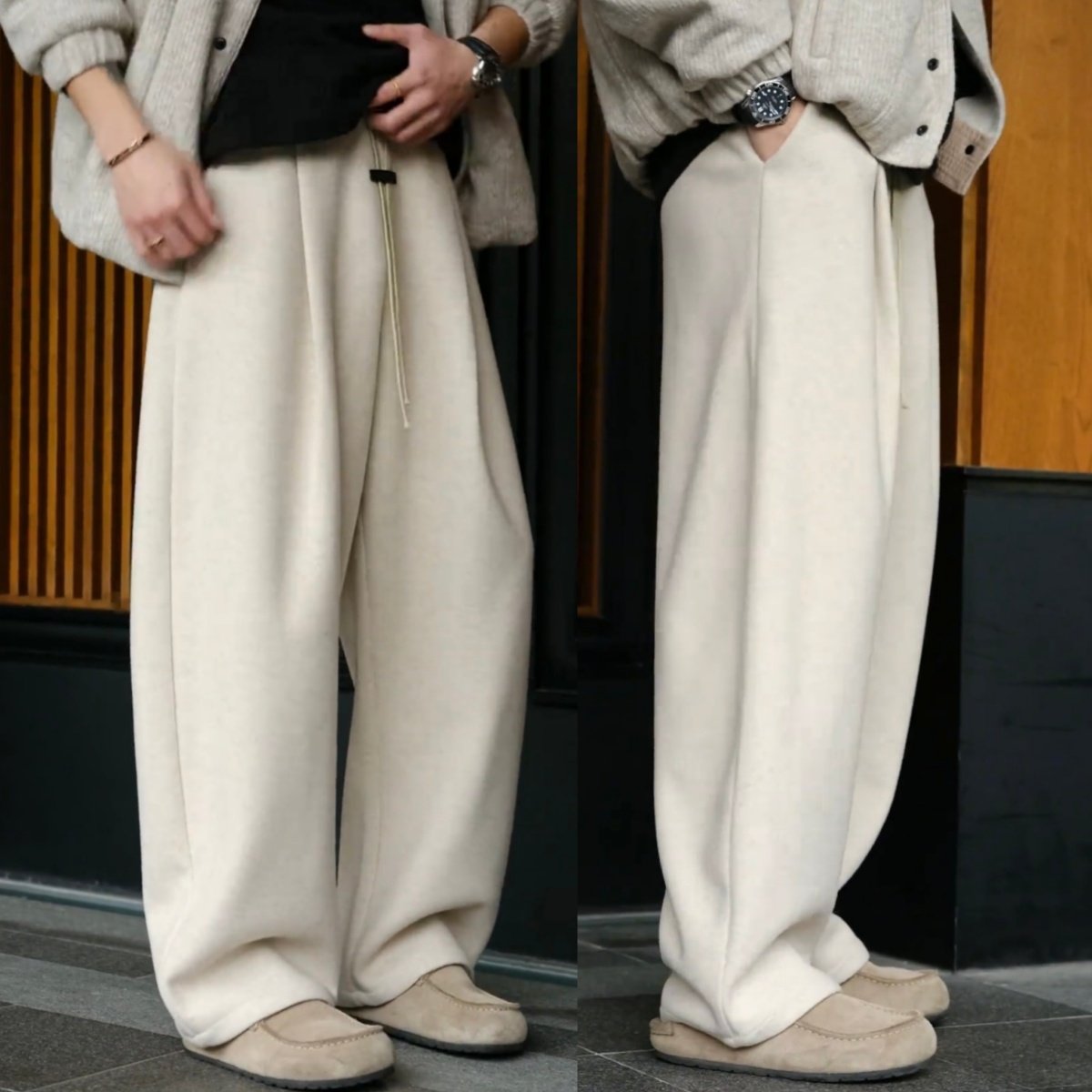 秋冬慵懒风羊毛混纺弯刀直筒休闲裤男士百搭加绒加厚阔腿运动卫裤,男装,休闲裤,淘宝优惠券,粉丝福利购,淘宝优惠卷