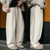 百搭加绒加厚阔腿运动卫裤 秋冬慵懒风羊毛混纺弯刀直筒休闲裤 男士