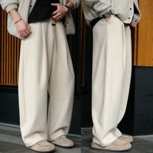 百搭加绒加厚阔腿运动卫裤 秋冬慵懒风羊毛混纺弯刀直筒休闲裤 男士