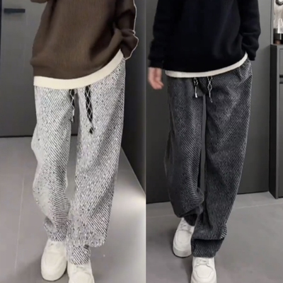 加绒加厚银丝斜条纹阔腿直筒长裤