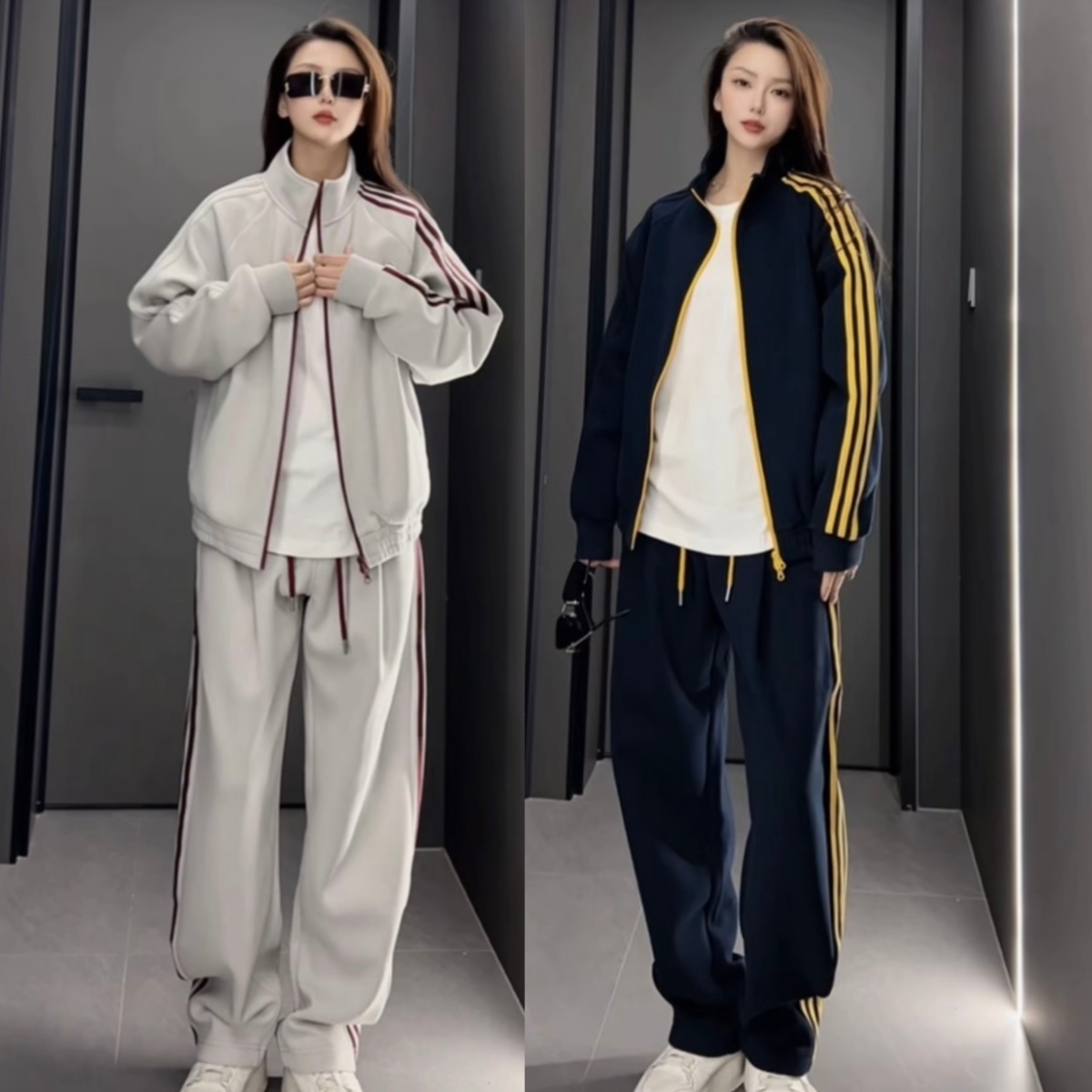秋季美式潮牌撞色三条杠休闲套装男女同款时尚立领外套长裤两件套