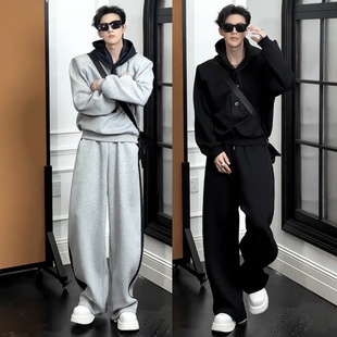 春秋男士潮牌高级感拼接连帽休闲运动套装情侣同款时尚百搭两件套