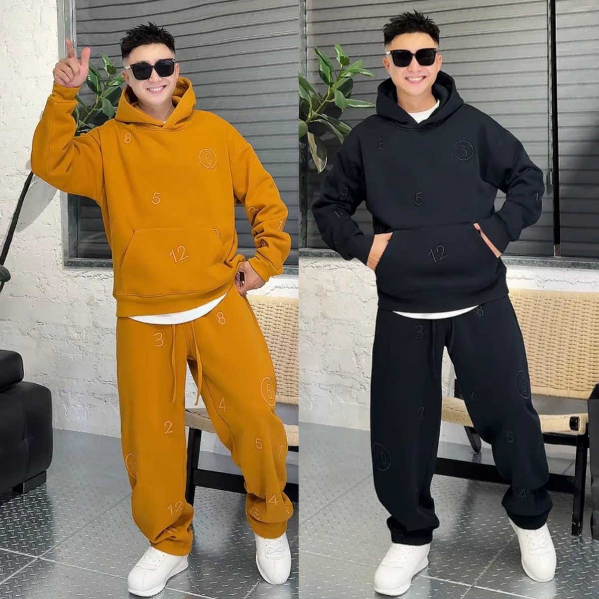 冬季重磅满绣数字加绒休闲运动套装男时尚百搭连帽卫衣长裤两件套