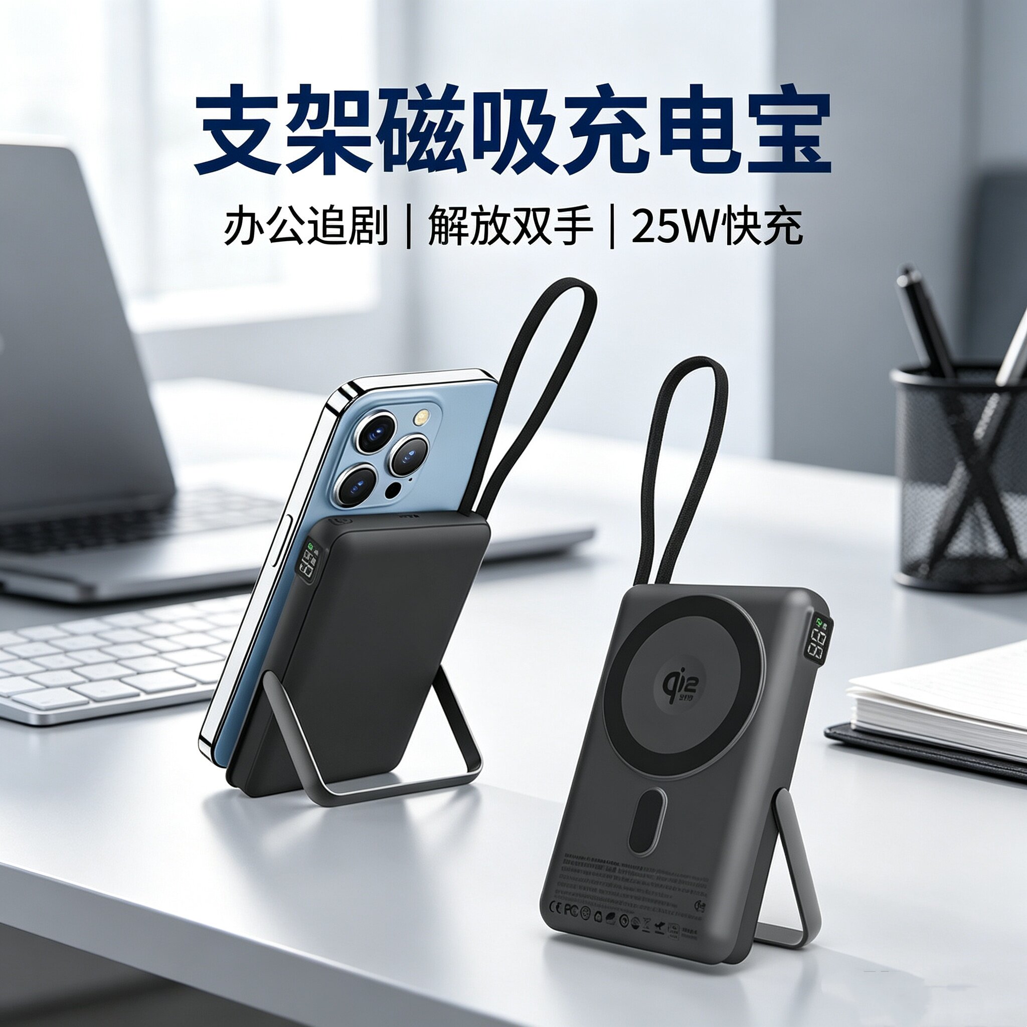 自带线Qi2认证25W无线磁吸充电宝新国标3C快充支架移动电源大容量