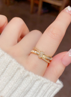 韩国东大门新款锆石双层开口戒指轻奢精致小众食指戒气质复古手饰