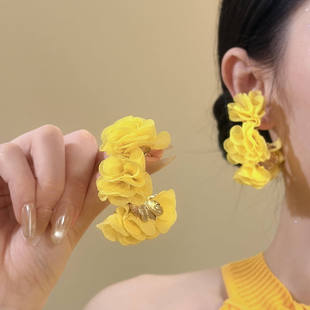 韩国东大门雪纺C形花朵耳钉个性夸张设计感耳环欧美时尚气质耳饰