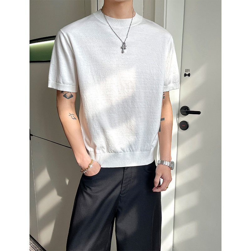 针织短袖T恤美式健身小领口透气打底衫男款夏季运动体恤青春活力