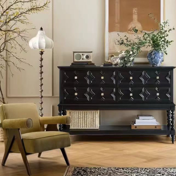 黑色实木玄关柜复古客厅过道中古风斗柜隔断柜屏风靠墙置物台定制