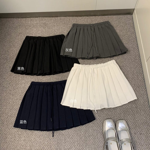 WGWE夏季女装韩版学院风抽绳绑带高腰弹力短裙显瘦A字百褶裙W9592