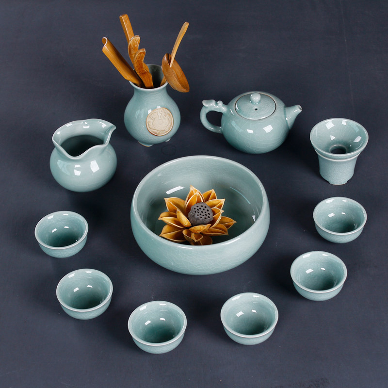 整套哥窑青瓷功夫茶具套装冰裂釉可养开片盖碗茶壶茶杯道配件家用