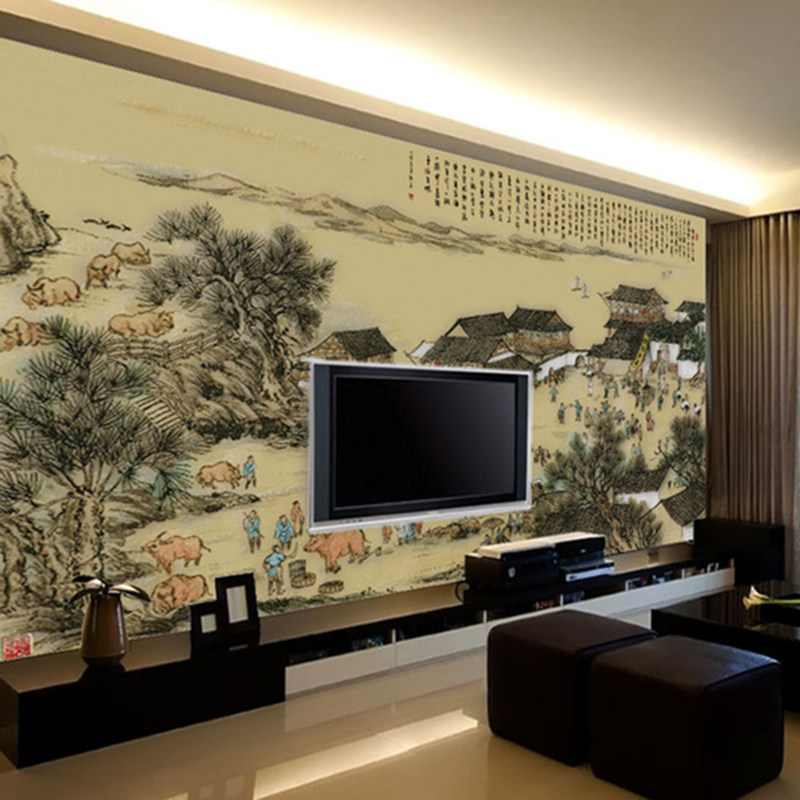 闹市乡村大型壁画电视沙发卧室背景墙世界古典名画宋代集市图壁纸