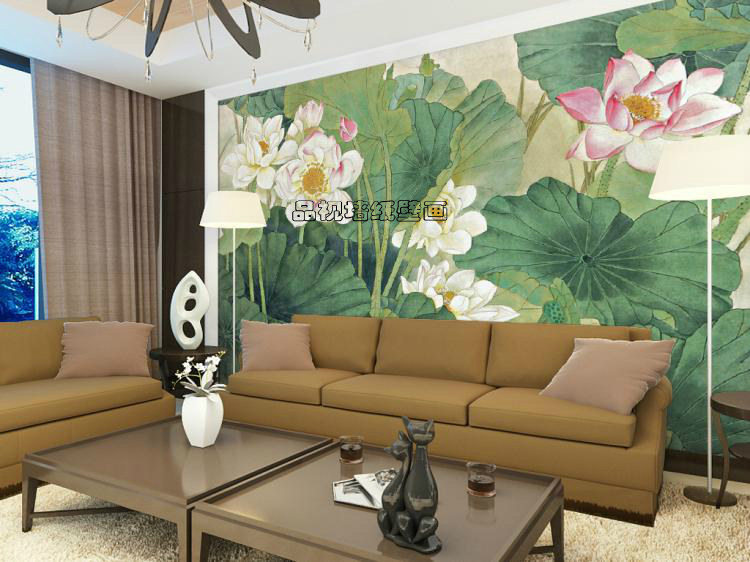 无纺布壁纸电视墙背景墙纸客厅中式风水风景工笔荷花图国画壁画