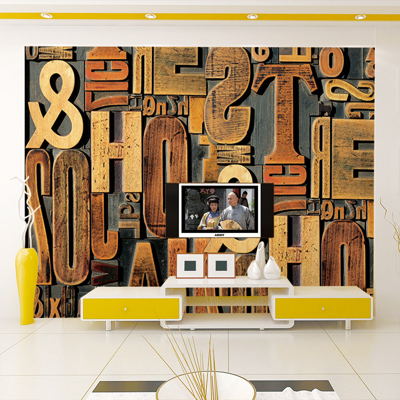 木雕木纹墙壁纸ktv酒吧餐厅复古欧式字母墙纸个性电视背景墙壁画