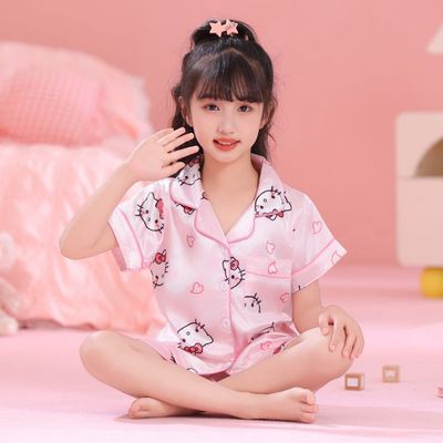 丝绸睡衣睡裤女童夏2025新款HelloKitty套装儿童凯蒂猫冰丝家居服