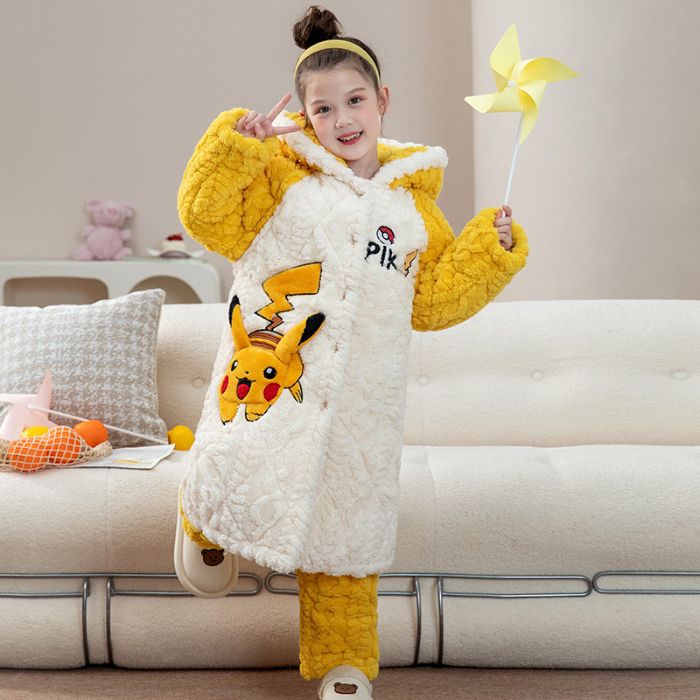 宝可梦皮卡丘冬睡衣3小孩8-9-10岁4儿童5女童6三层夹棉珊瑚绒浴袍
