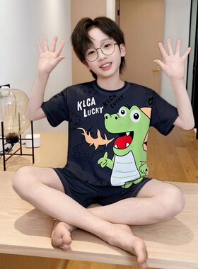 青少年儿童初中学生睡衣夏款薄短袖3男孩8-9-10岁4恐龙居家服空调
