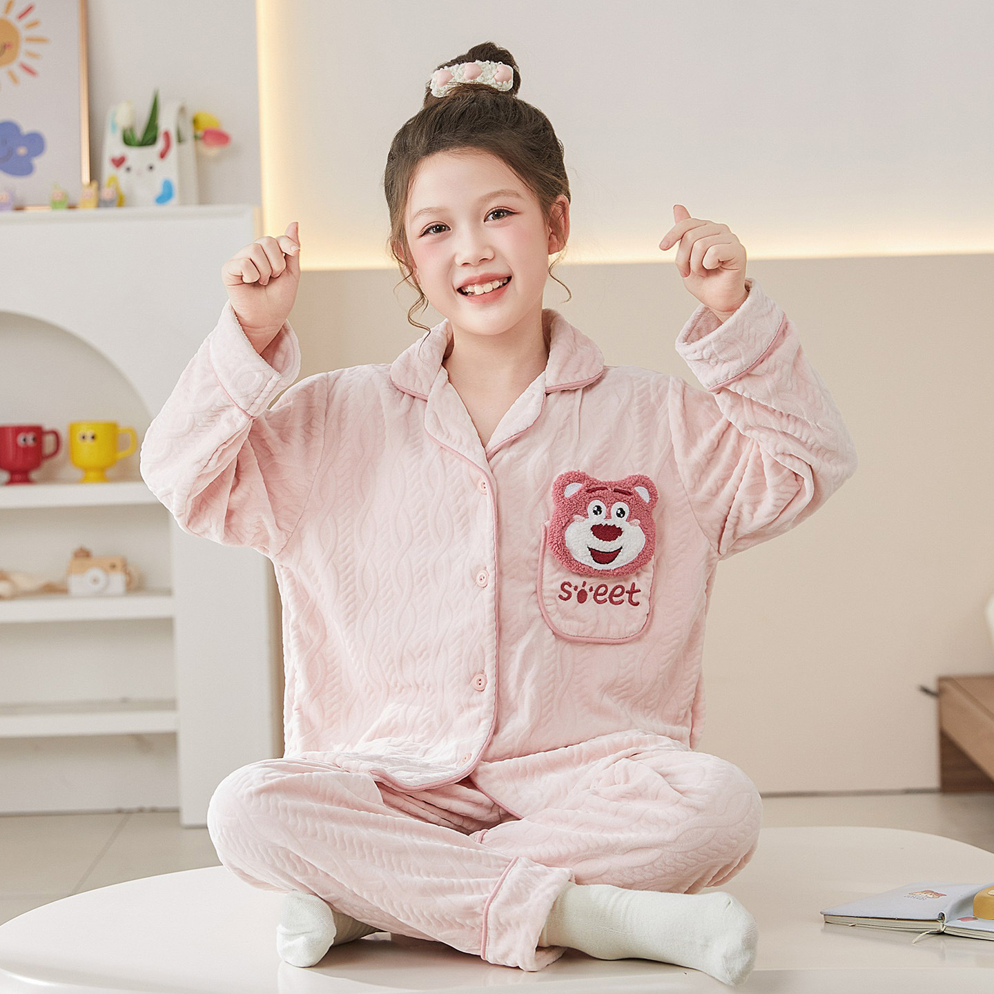 儿童草莓熊睡衣冬季加厚款3宝宝4学生5女童6女孩7海岛绒8岁10保暖