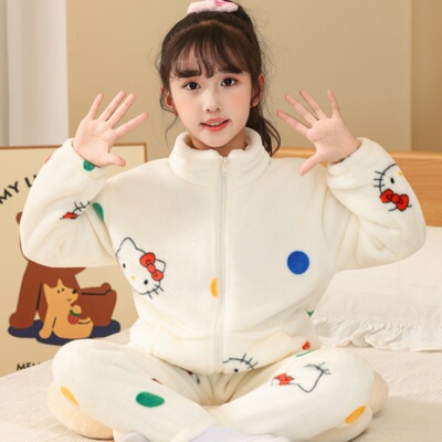 HelloKitty女童凯蒂猫女孩小朋友睡衣秋天冬季加绒款加厚款开襟衫