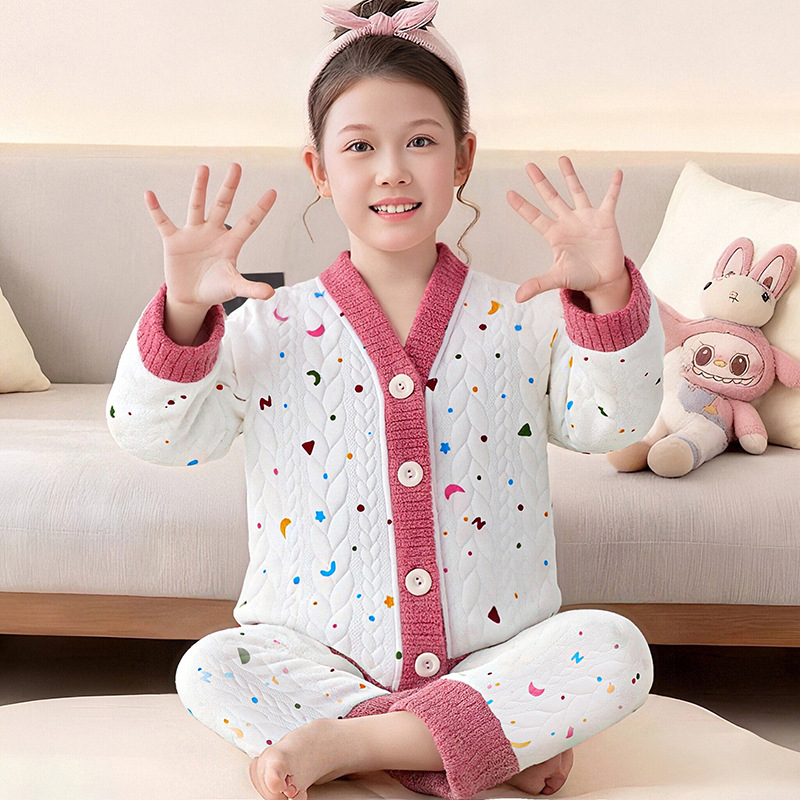 加厚3-5-7-9-11岁保暖4儿童女孩8空气棉加棉睡衣冬装三层夹棉加绒