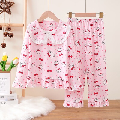 儿童HelloKitty睡衣女童公主风娃娃领小孩套装春秋款薄长袖家居服