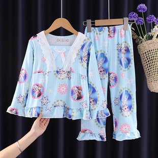 爱莎艾沙儿童睡衣女童家居服小孩儿童春秋夏小朋友公主风花边方领