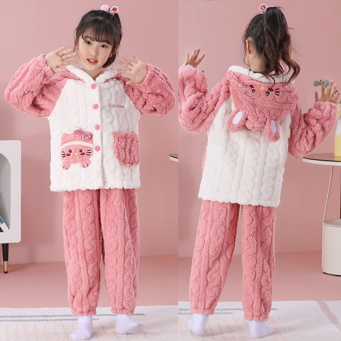 加厚3-5-7-9-11岁保暖4儿童女孩8HelloKitty连帽睡衣秋冬装加绒款