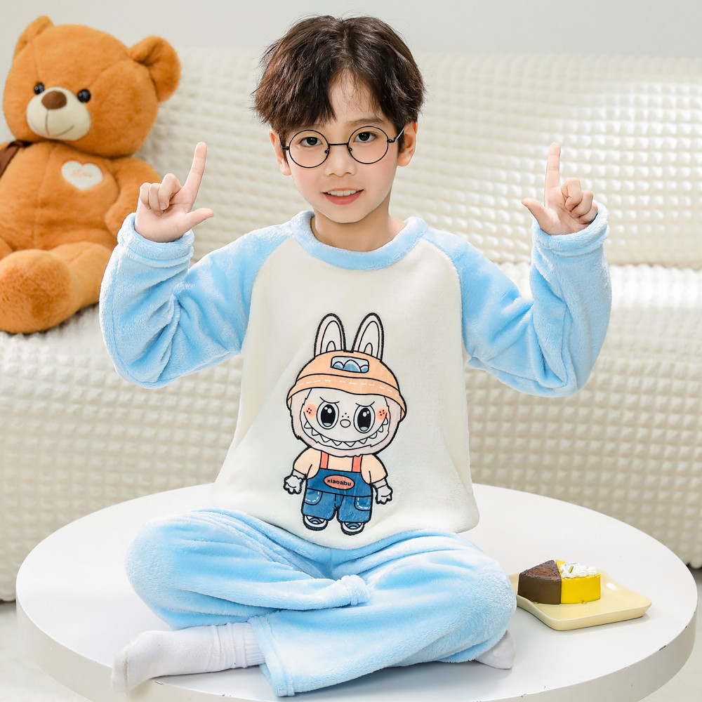 拉布布睡衣睡裤套装秋冬季法兰绒薄珊瑚绒3岁小孩4宝宝5男童6学生