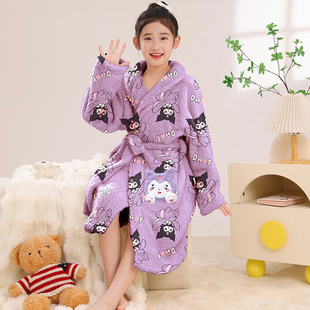 库洛米睡袍kuromi睡衣秋冬款三丽鸥童装女孩儿童薄绒浴袍居家长款