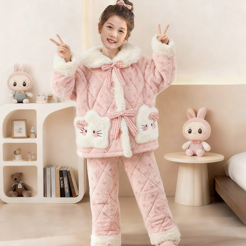 翻领冬季睡衣冬天睡裤5女宝6女孩7女童8女生10岁三层夹棉加绒加厚