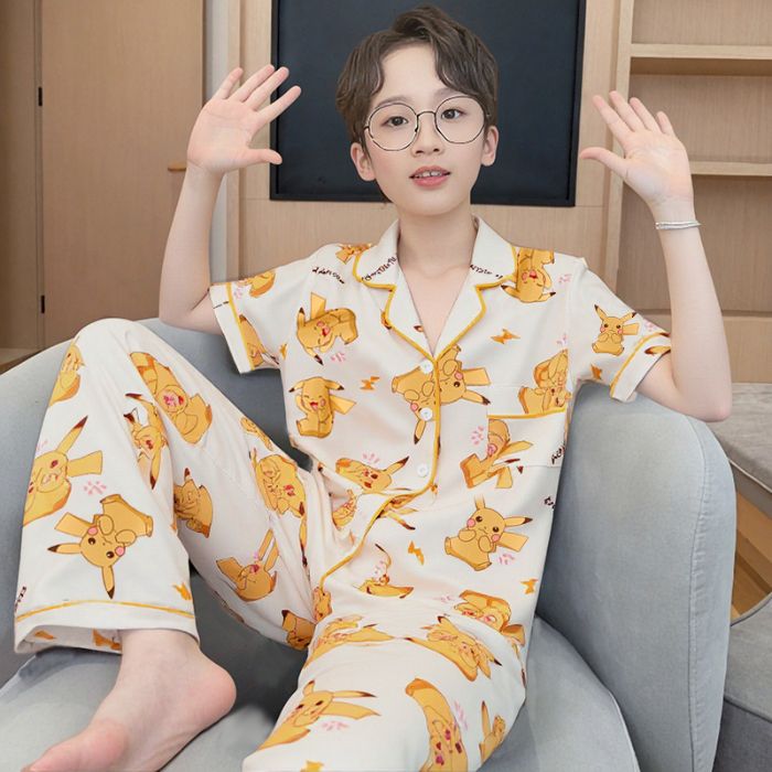 可爱皮卡丘儿童男童小孩子精灵宝可梦卡通男孩中大童睡衣居家服薄