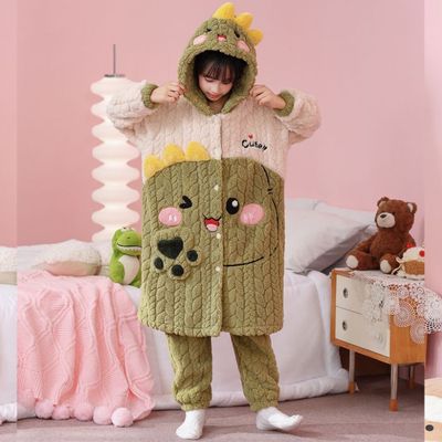 女童女孩恐龙图案小朋友睡衣睡袍加绒加厚保暖2025新款提花绒冬装