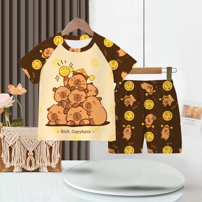 CAPYBARA卡皮巴拉中大童睡衣男童女童夏季短袖卡通可爱儿童家居服