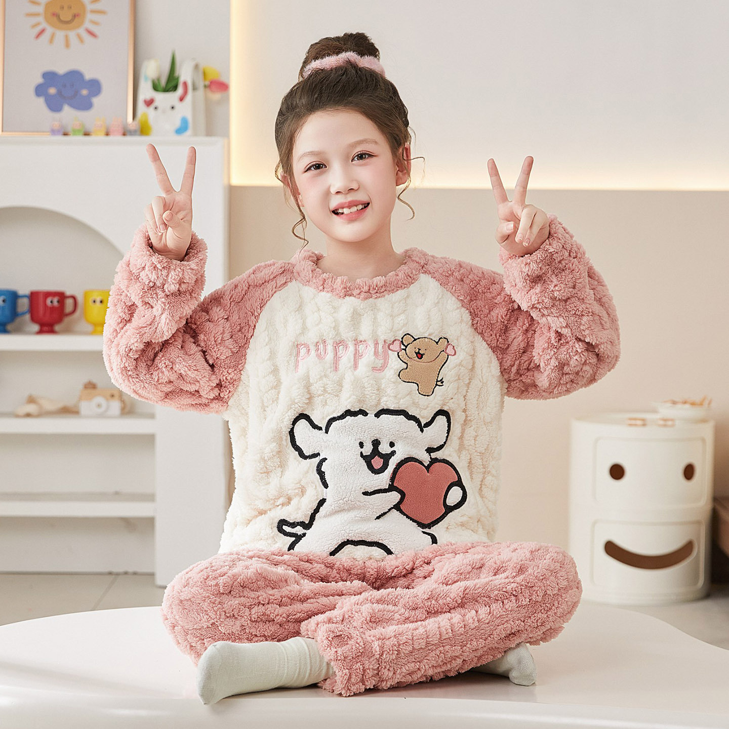多巴胺线条小狗睡衣冬加厚女孩儿童家居服初中生法兰绒保暖珊瑚绒