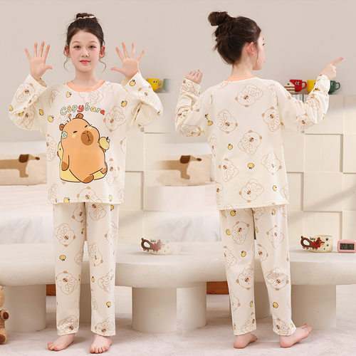 卡皮巴拉小女孩子睡衣春秋长款女童套装capybara夏儿童家居服新款