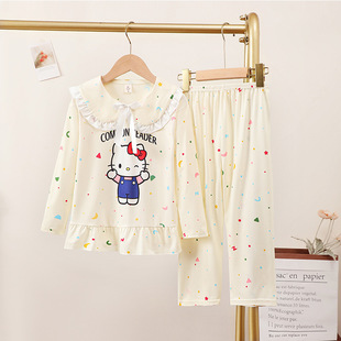 凯蒂猫同款睡衣睡裤女童春秋季长款套装中大童小孩儿童KT猫家居服