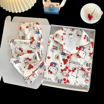 加厚保暖德绒儿童睡衣家居服女孩冬季HelloKitty凯蒂猫翻领对襟衫