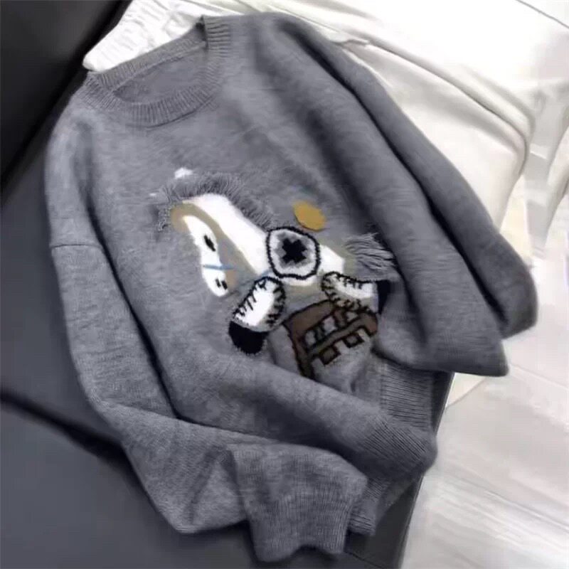 韩式卡通风独角兽图案针织衫女灰色圆领宽松毛衣显瘦气质马年上衣