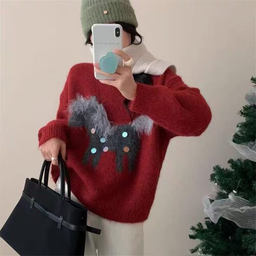 烈儿LIEER七彩小马重磅羊驼毛混纺七彩两篇撞色软糯保暖毛衣