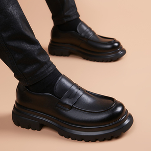 休闲皮鞋潮流百搭厚底增高英伦风真皮乐福鞋套脚商务一脚蹬男鞋子
