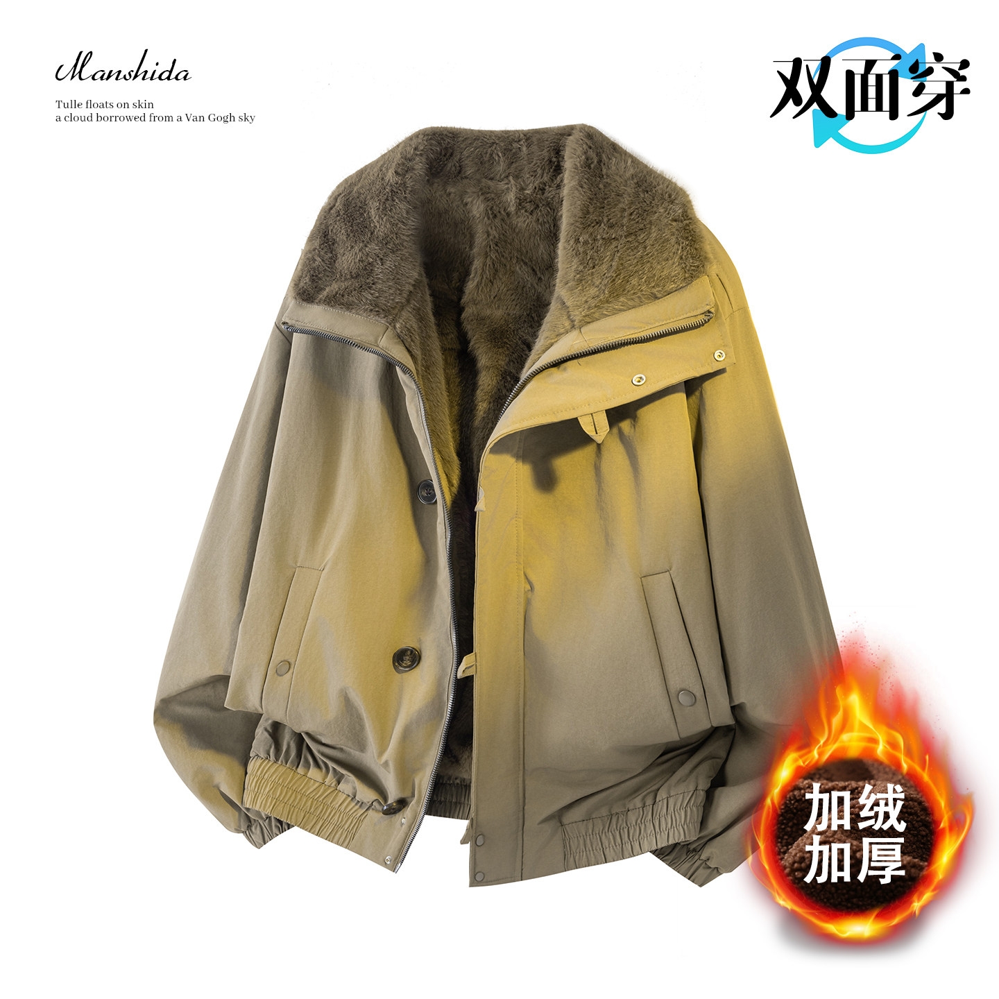 双面穿座山雕加绒加厚外套男款冬季保暖仿貂绒毛领棉衣派克服袄子