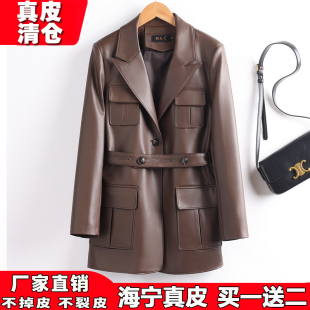 海宁真皮皮衣女中长款 西服休闲风衣外套潮 系带绵羊皮夹克复古工装