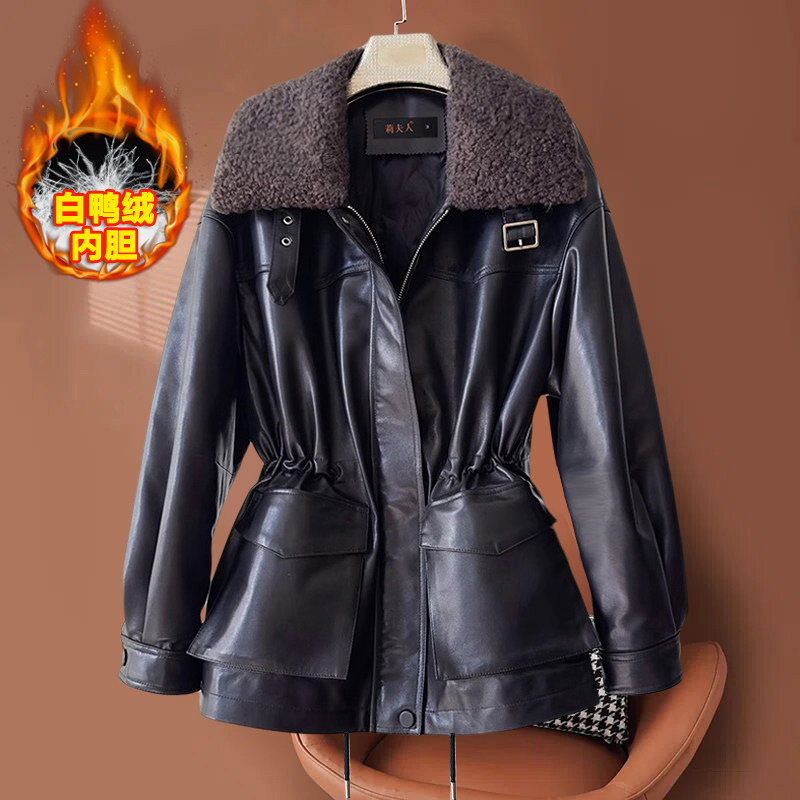 真皮羽绒服女拉贡毛领皮衣外套