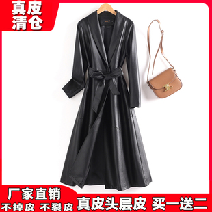 系带绵羊皮风衣气质大衣外套潮 过膝修身 2025新款 海宁真皮皮女长款