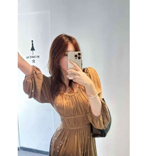 镂空修身 连衣裙女秋季 开叉裙子设计感高腰a字长裙 气质七分袖 法式