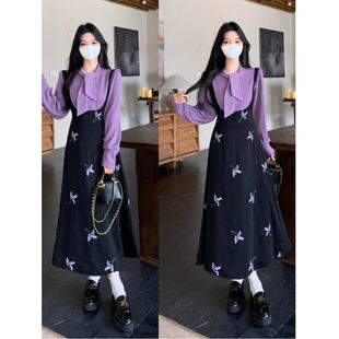 假两件紫色连衣裙胖mm显瘦收腰中长款 高级感秋冬款 裙子女 法式 大码