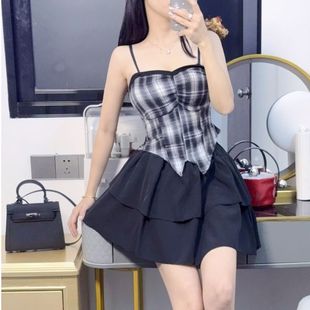 2025百搭蛋糕短裙炸街高回头率两件套装 纯欲辣妹格子吊带 女新款
