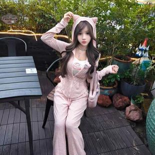 三件套装 长裤 女 条纹连帽外套背心吊带阔腿裤 慵咪早秋新中式