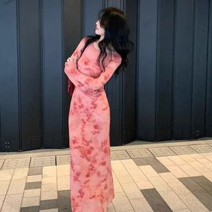 复古网纱印花长袖 修身 连衣裙套装 新款 气质收腰鱼尾裙子 女春季 法式